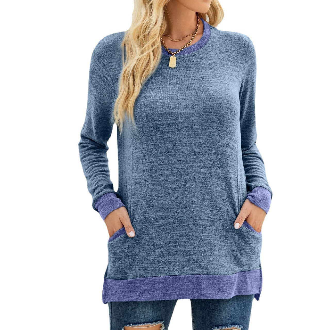 Women's Round Neck Multicolor Pocket Long Sleeve Tops