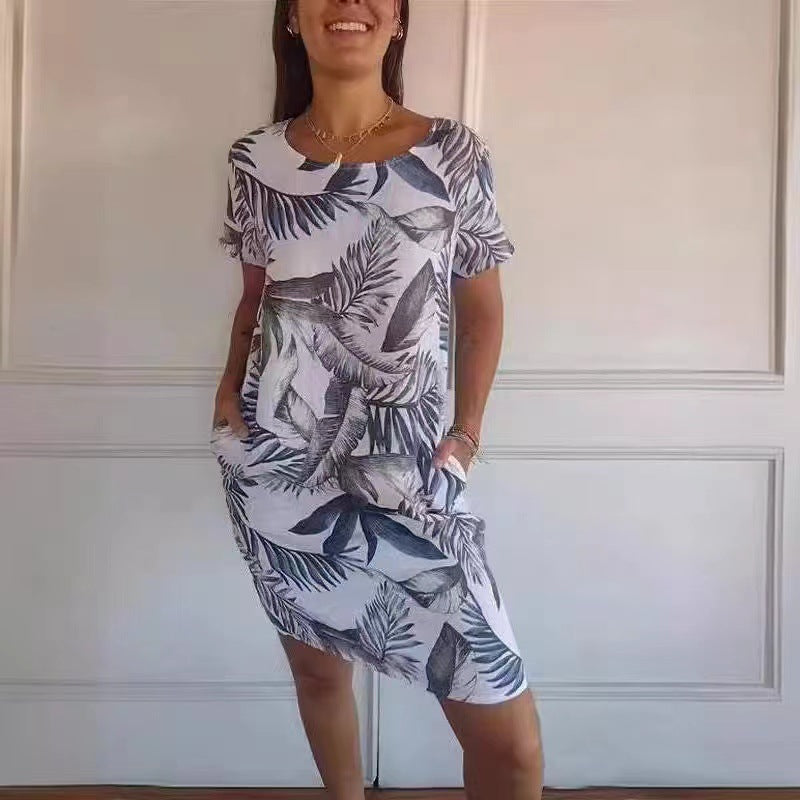 Damen-Kleid mit Rundhalsausschnitt, weiten Ärmeln und Aufdruck