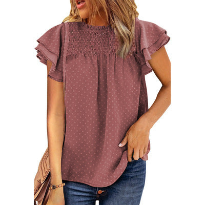 Women's Summer Solid Color Chiffon Loose Round Neck Pullover Sleeve Blouses