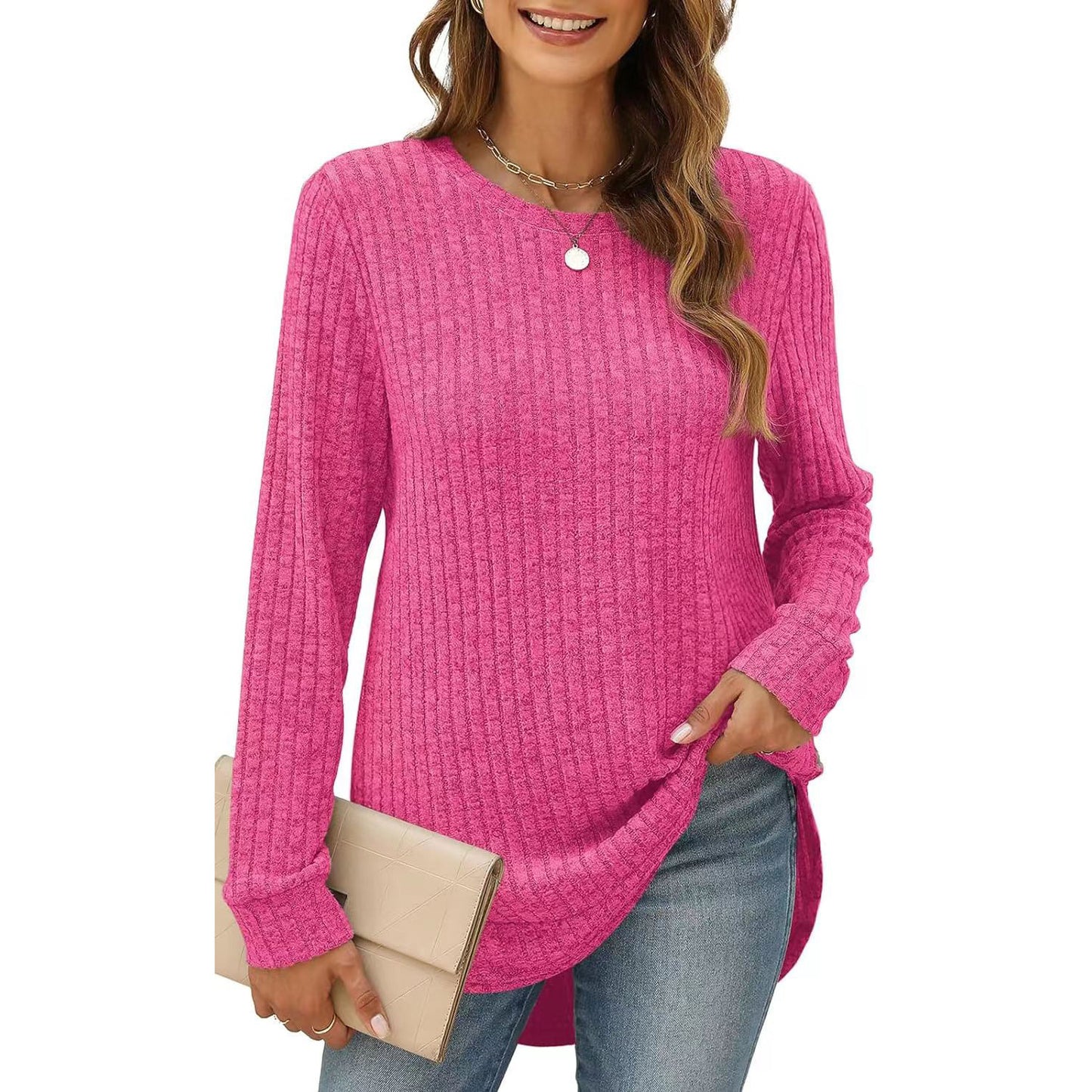 Women's Color Round Neck Long Sleeve Brushed Blouses