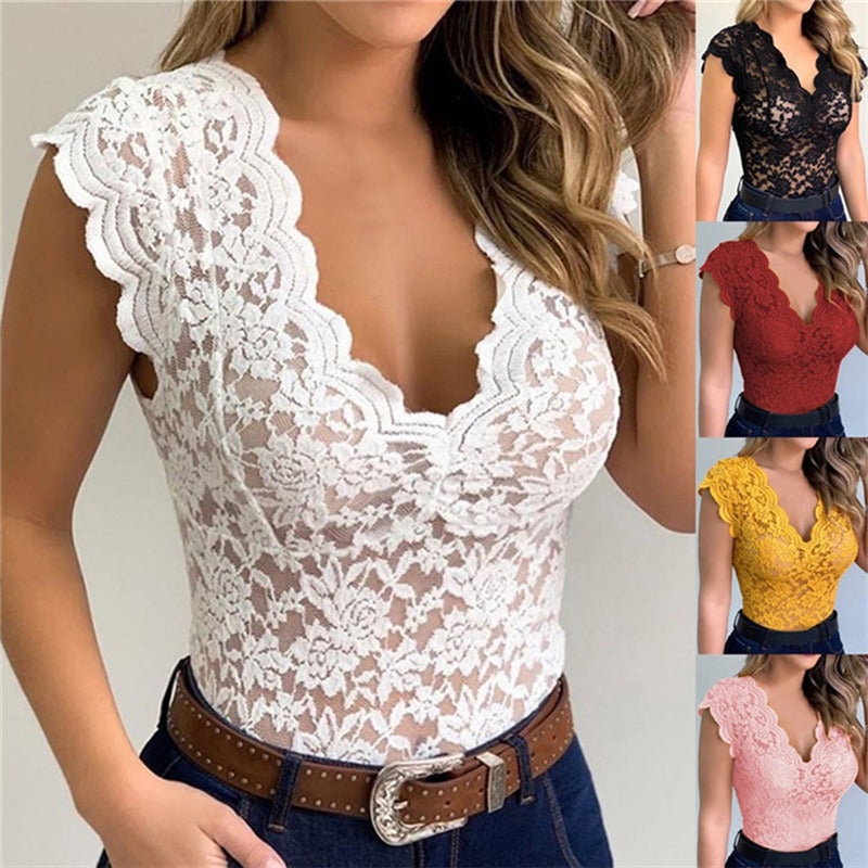 Women's Summer Hollow Sexy Close-fitting Solid Color Blouses