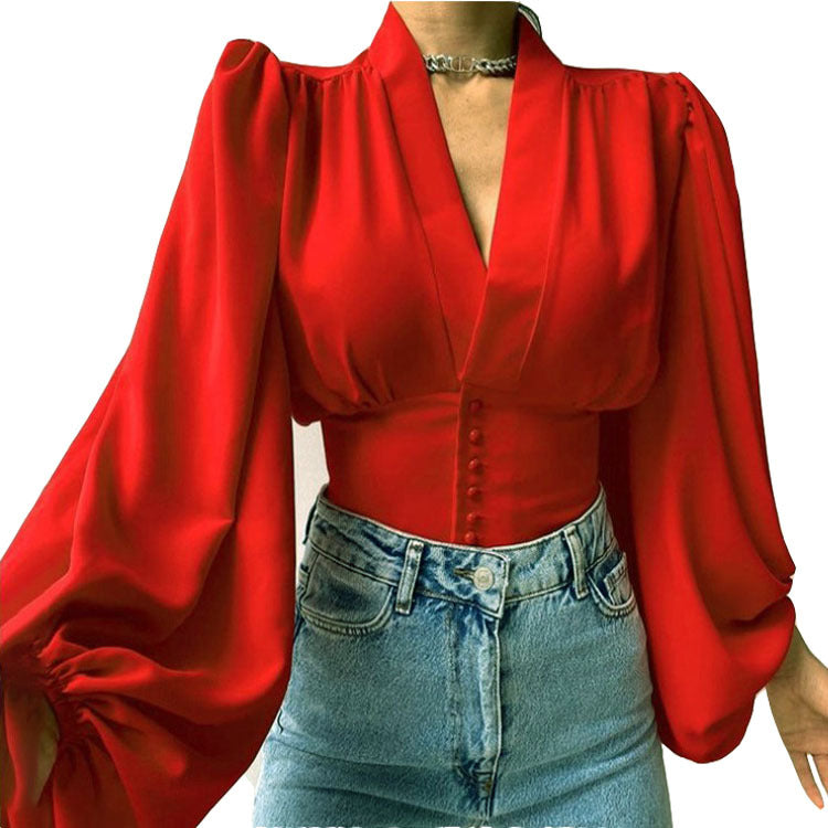 Spring Elegant Button Lantern Sleeve Shirt Blouses