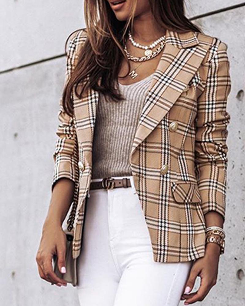 Autumn Long Sleeve Double Breasted Plaid Blazers