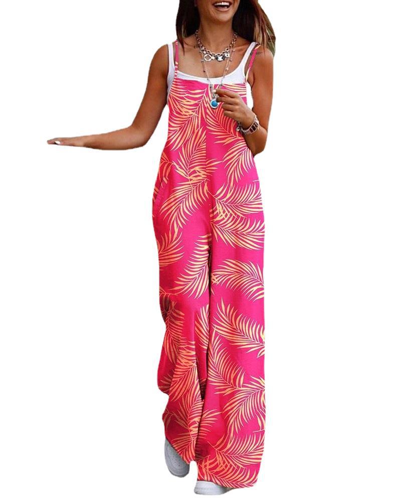 Women's Fashion Printed Sling Pocket Wide Leg Jumpsuits