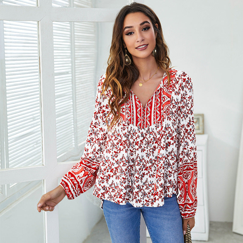 Spring Collar Printed Loose Lantern Long-sleeved Tops