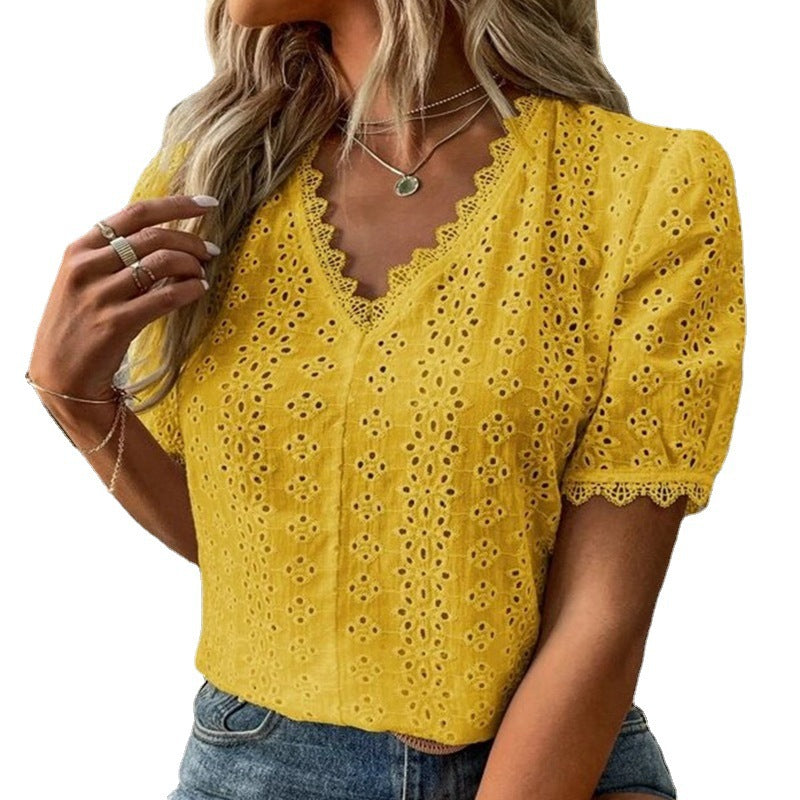 Summer Solid Color Sleeve Hollow Shirt Blouses