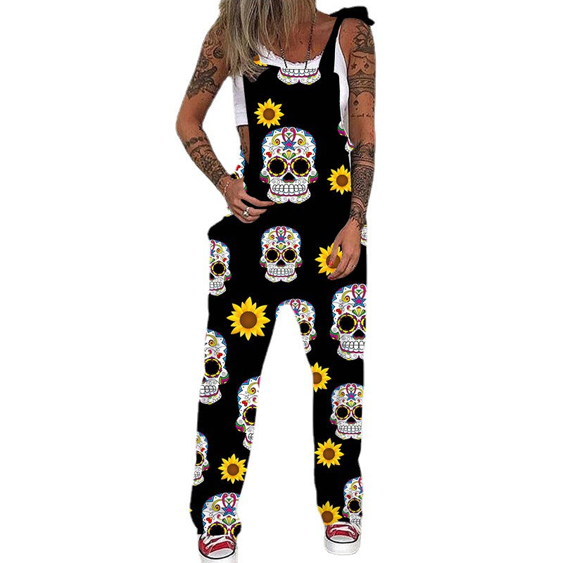 Damen Hosenträgerhose mit Schnürung und Totenkopf-Print