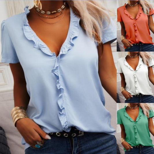 Women's Creative Pure Color Ruffles Sleeve Blouses