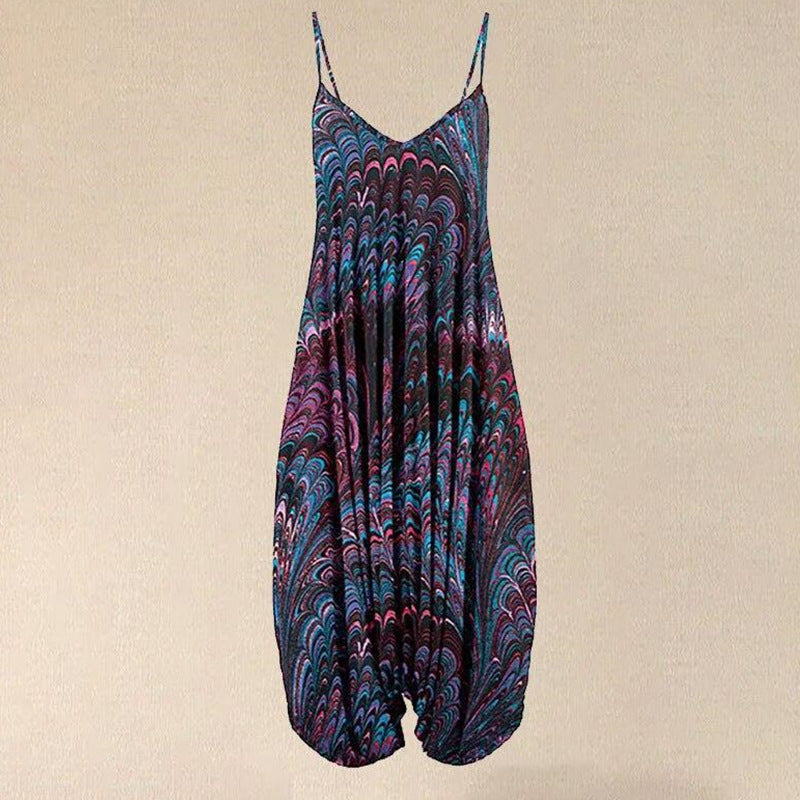 Schöner, lockerer Strand-Jumpsuit mit Print und Hosenträgern für Damen