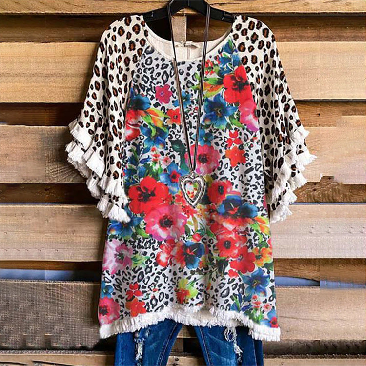 Women's Print Ruffled Sleeves Stitching Loose Sleeve Blouses