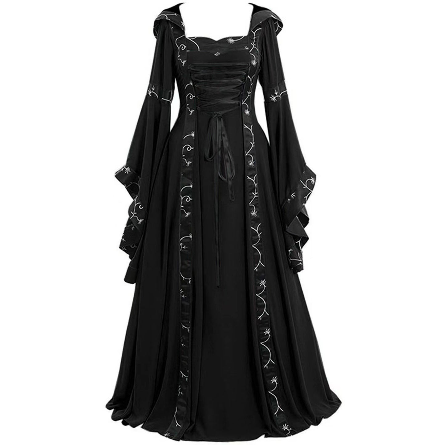 Medieval Retro Hooded Square Collar Solid Color Thin Lace Dresses