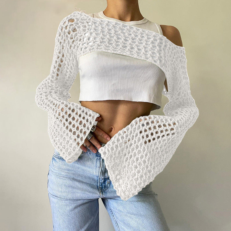 Women's Autumn Hand Crochet Casual Bell Sleeve Sexy Knitwear