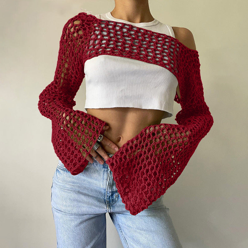 Women's Autumn Hand Crochet Casual Bell Sleeve Sexy Knitwear