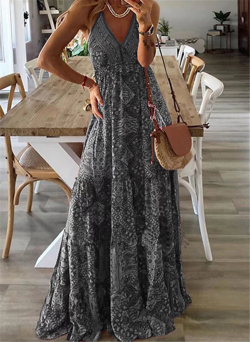 Damen Bohemian Trägerkleid Hohe Taille Bedruckte Kleider