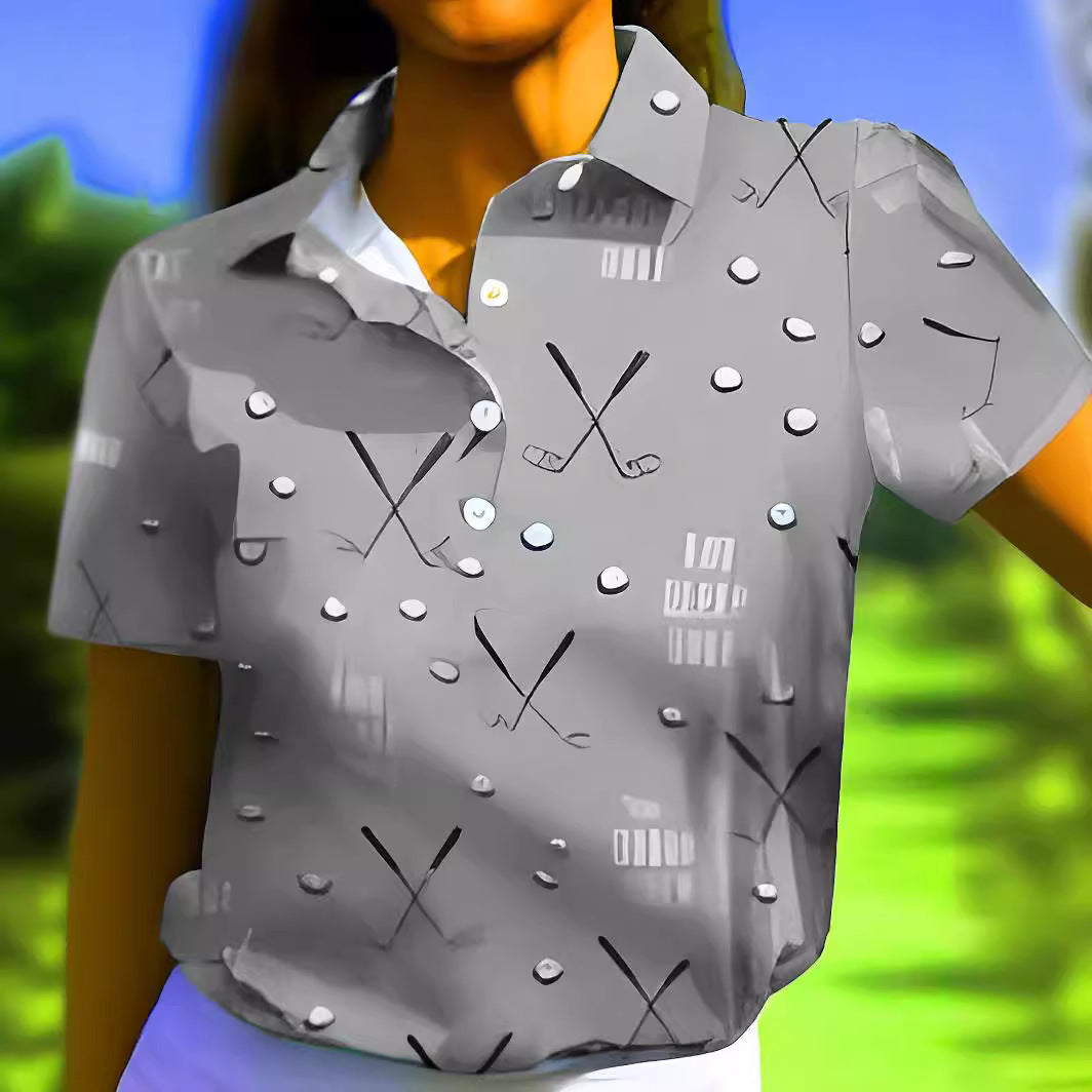 Damenmode Lässiges T-Shirt mit Golf-Print, Polo-Tops