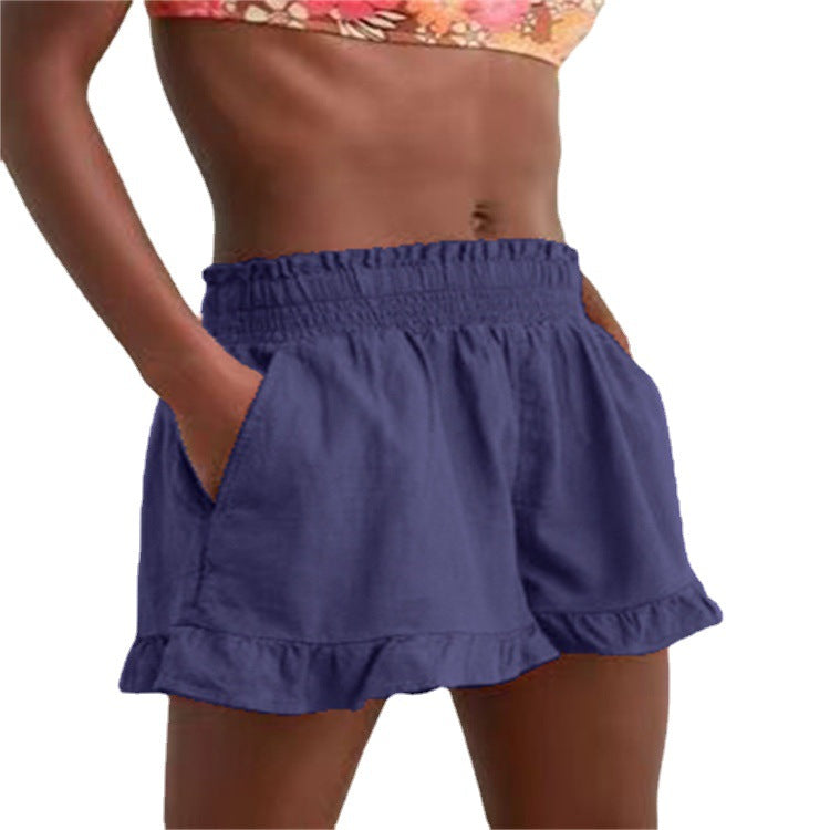 Damen Sommerhose mit hoher Taille und lockerer, elastischer Hose mit Holzohren