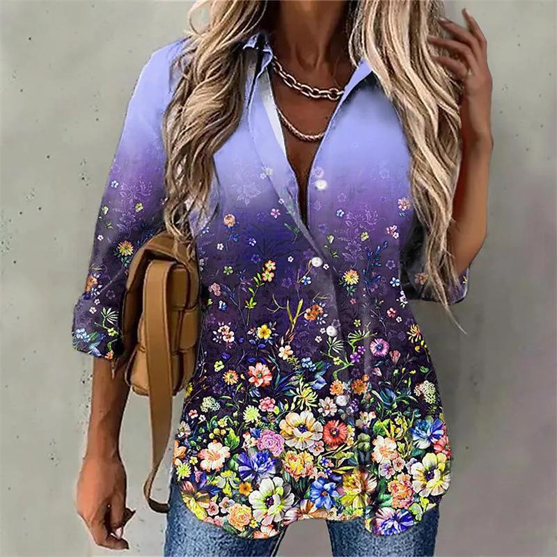 Spring Gradient Printing Button Long Sleeve Blouses