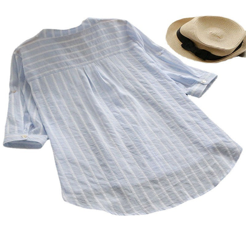 Women's Spring Casual Mid-length Shirt Striped Three-quarter Blouses