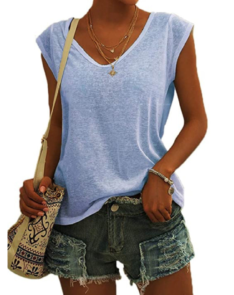 Women's Simple Solid Color V-neck Sleeve Loose Blouses