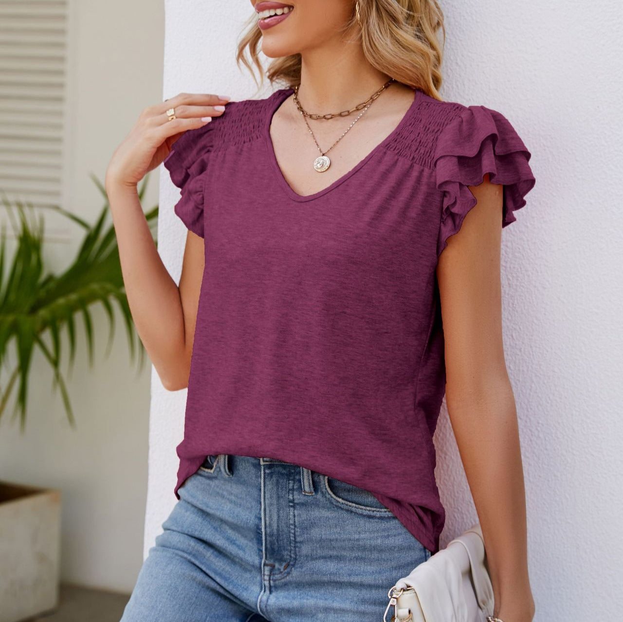 Women's Solid Color Collar Pleated Sleeves Casual Blouses