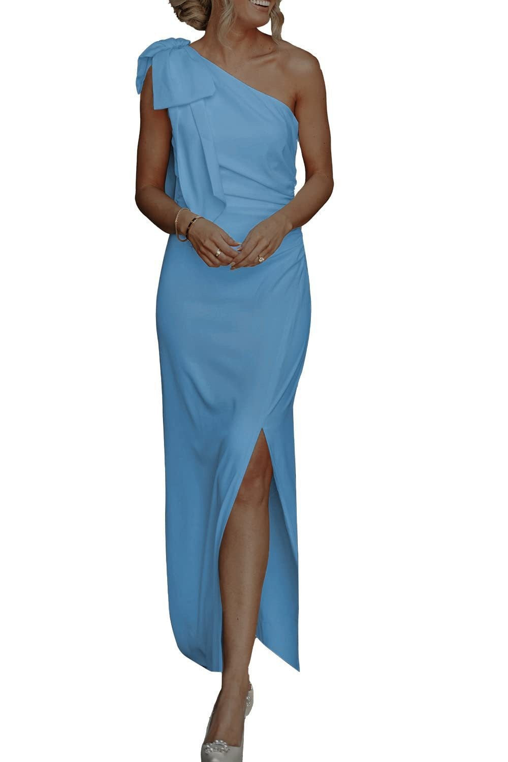 Damen Sommerkleid mit schrägen Schultern, lang, elegant, ärmellos, mit Rüschen, eng anliegend