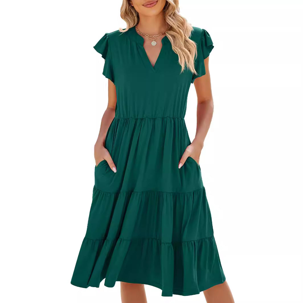 Solid Color Loose Sleeve Stitching Dress Dresses