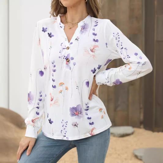 Women's Summer Long-sleeved Shirt Plant Flower Print Blouses