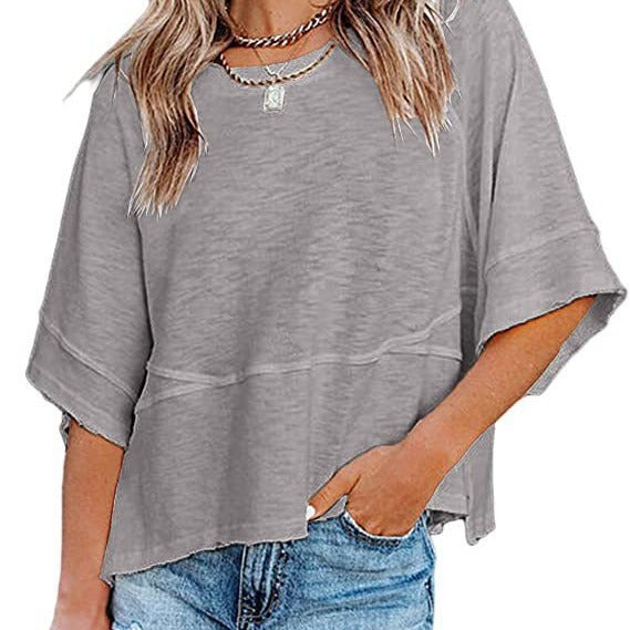 Stitching Solid Color Round Neck Bell Blouses