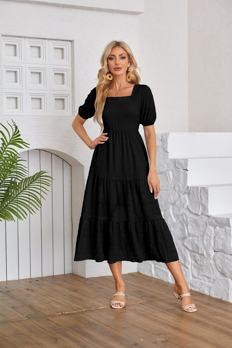 Women's Bubble Sleeve Square Collar Back Pleating Dresses