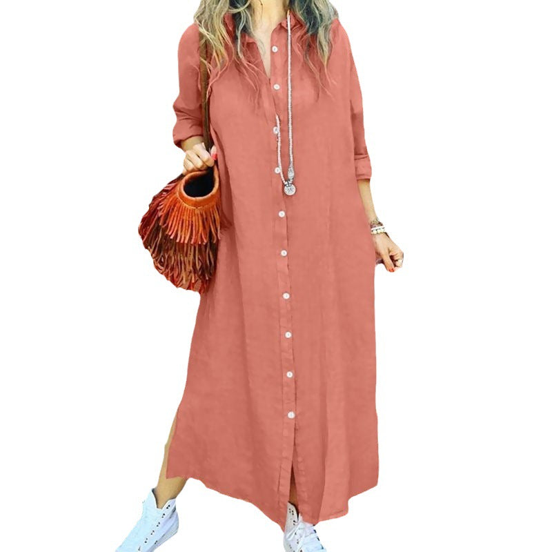 Women's Color Loose Long Sleeve Lapel Dress Dresses