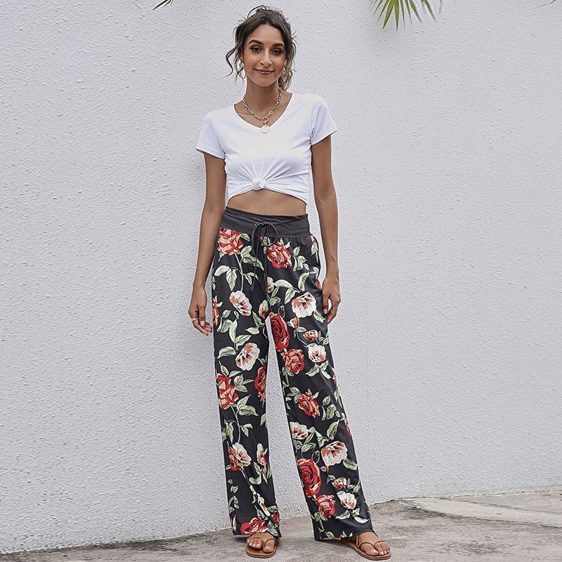 Women's Lace-up Casual Trousers Fashion Loose Printed Pants