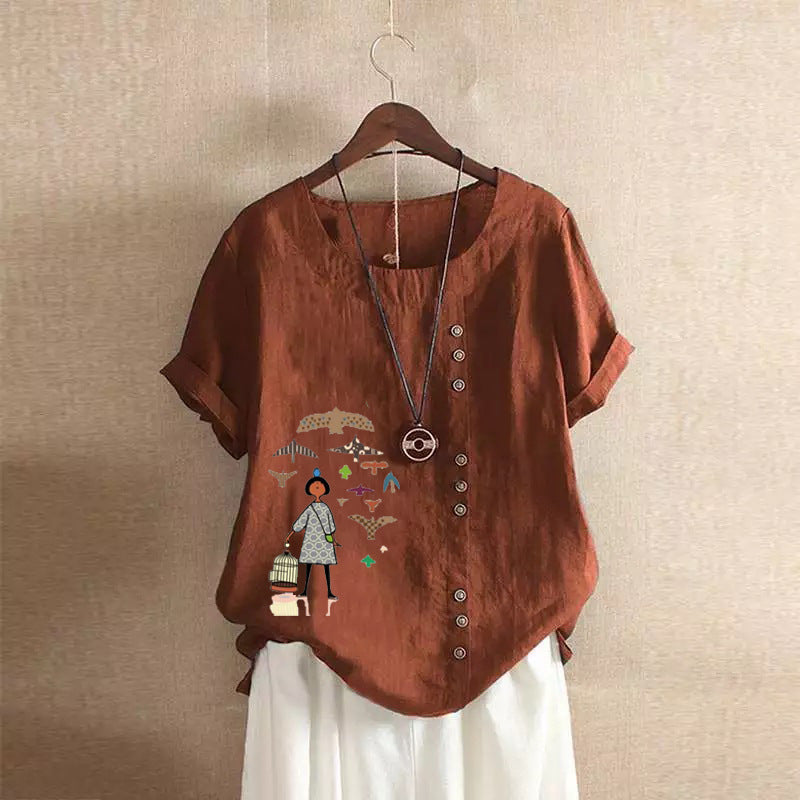 Women's Retro Cotton Linen Printed Casual Shirt Clothing