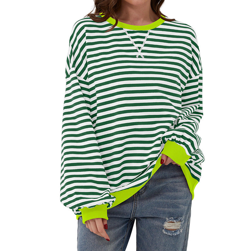 Women's T-shirt Summer Loose-fitting Striped Long Sleeves Blouses