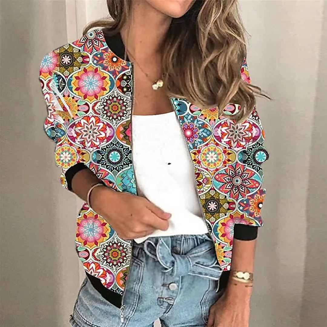 Women's Autumn Retro Casual Digital Printing Zipper Blazers