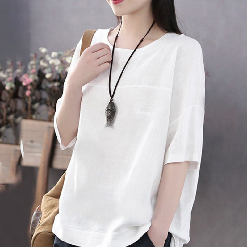 Women's Color Casual Short-sleeved Cotton And Linen Loose Bottoming Blouses