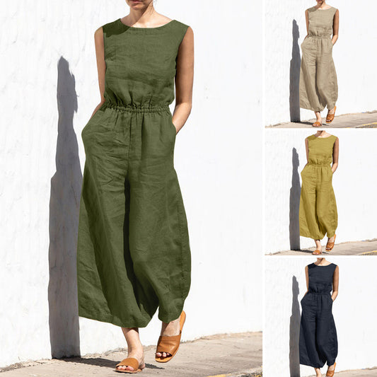 Einfarbiger, ärmelloser, schlankmachender Jumpsuit für den Sommer für Damen mit hoher Taille