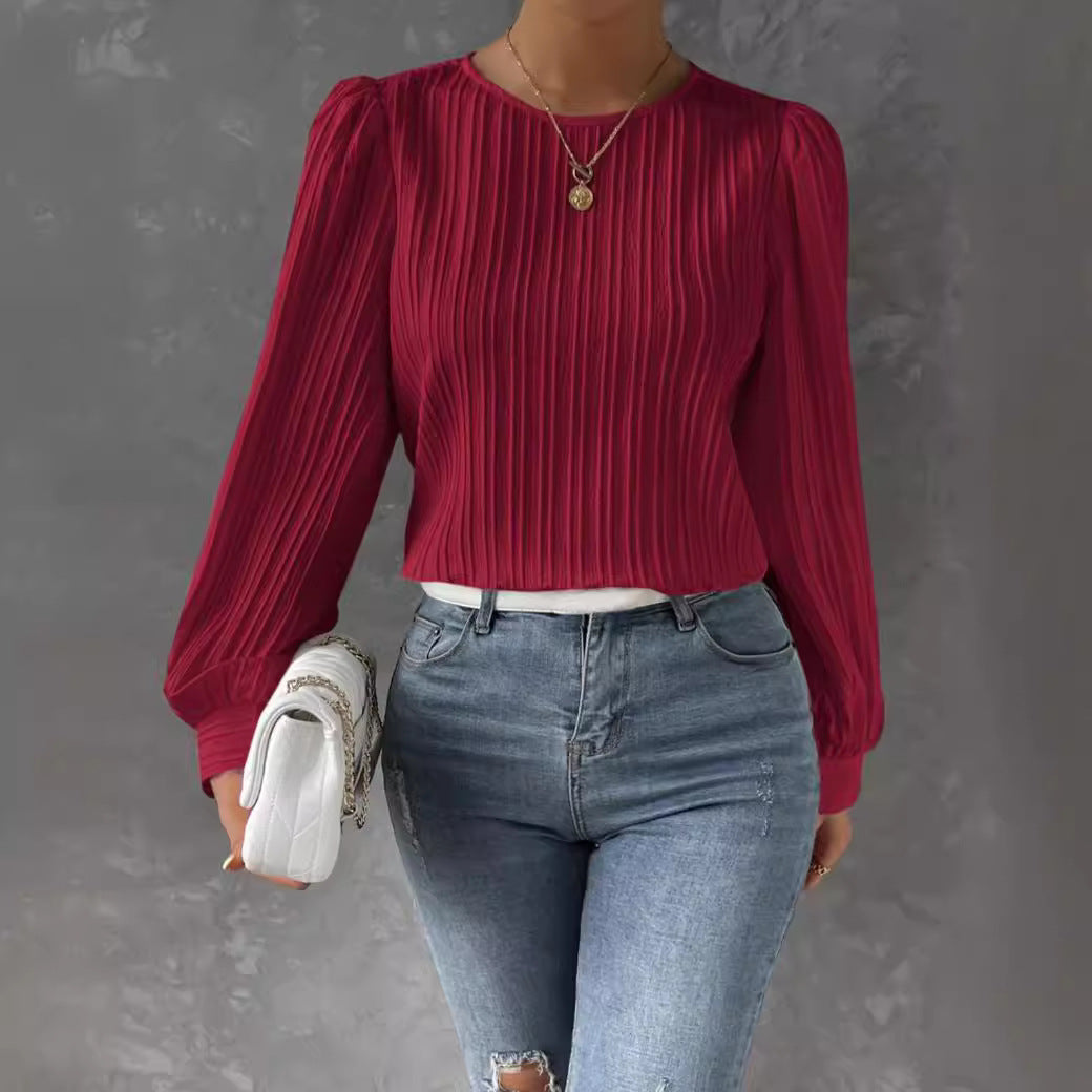 Round Neck Lantern Sleeve Long Solid Blouses