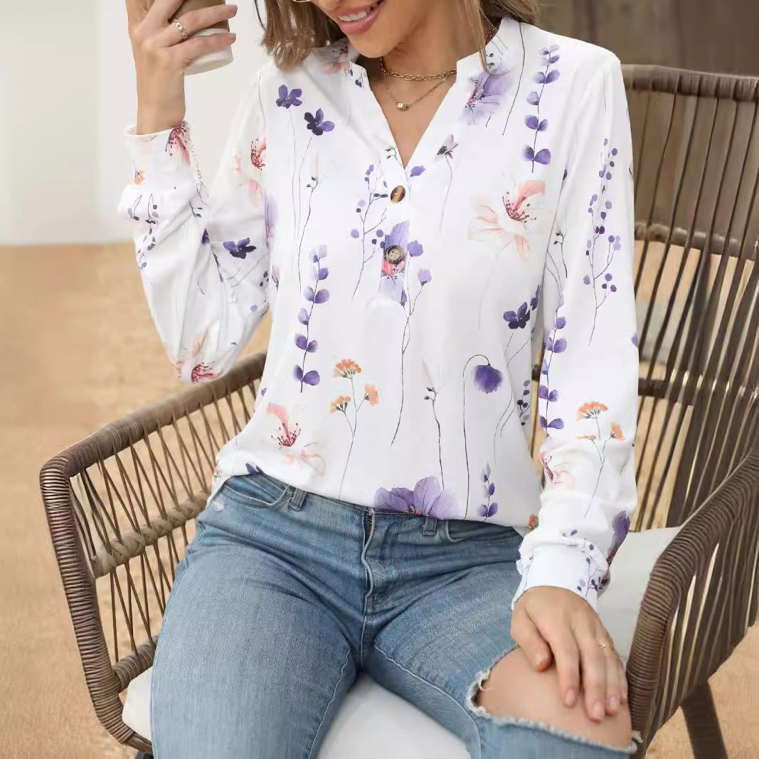 Women's Summer Long-sleeved Shirt Plant Flower Print Blouses