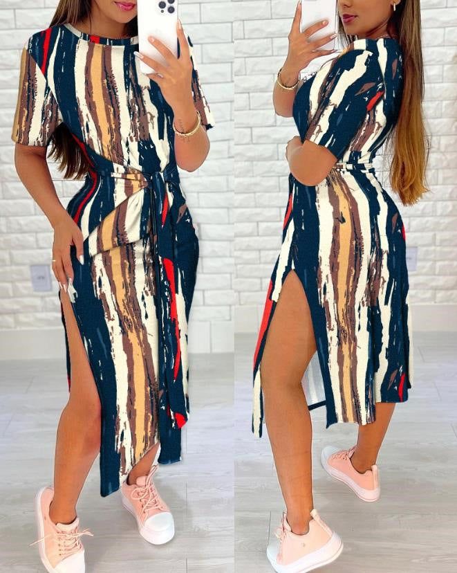 Women's Sleeve Split A- Line Strap Printing Dresses