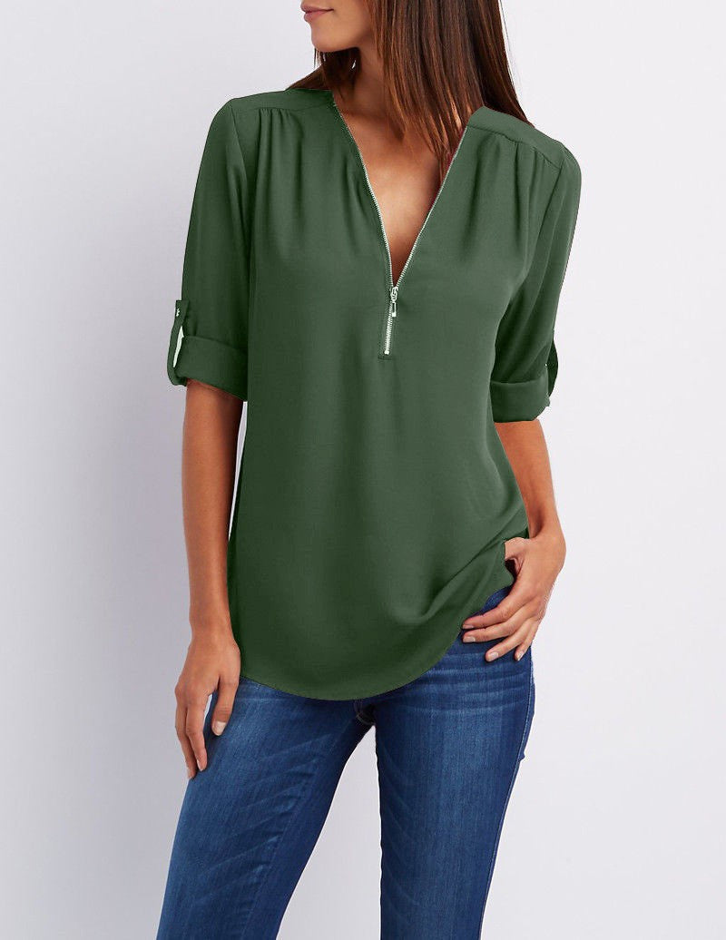 Women's Beautiful Long-sleeved Bottoming Shirt Zipper Tops