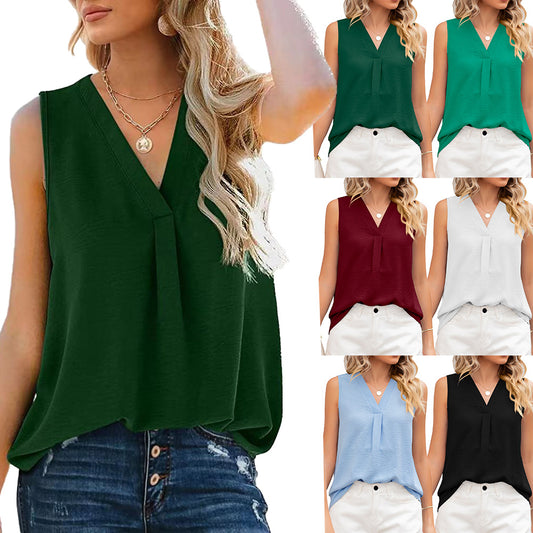 Women's Summer Solid Color V-neck Loose Sleeveless Blouses