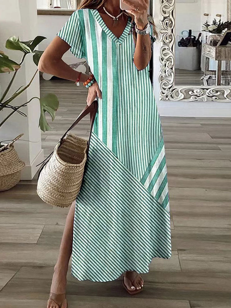 Women's Striped Positioning Printed Split Dress Dresses