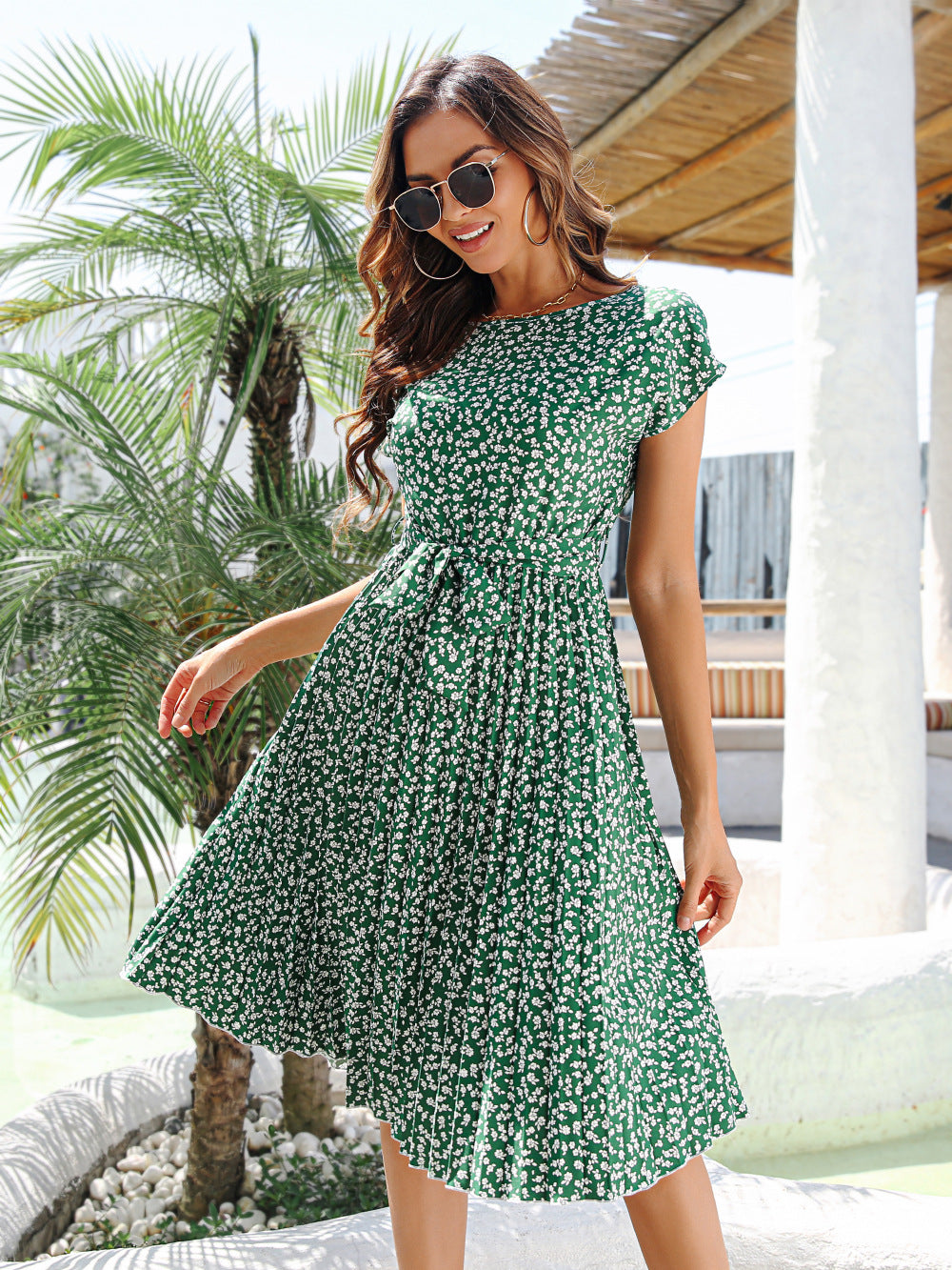 Women's Casual Short-sleeved Floral Dress Pleated Dresses