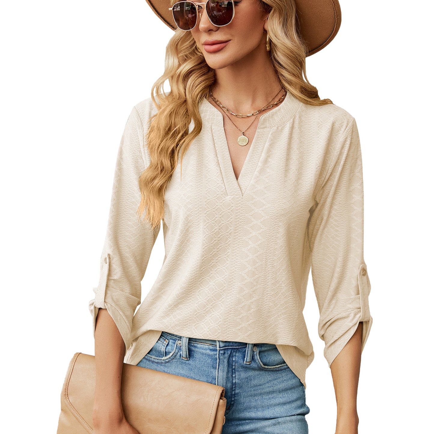 Women's Color And Three-quarter Sleeve Button Loose-fitting Blouses