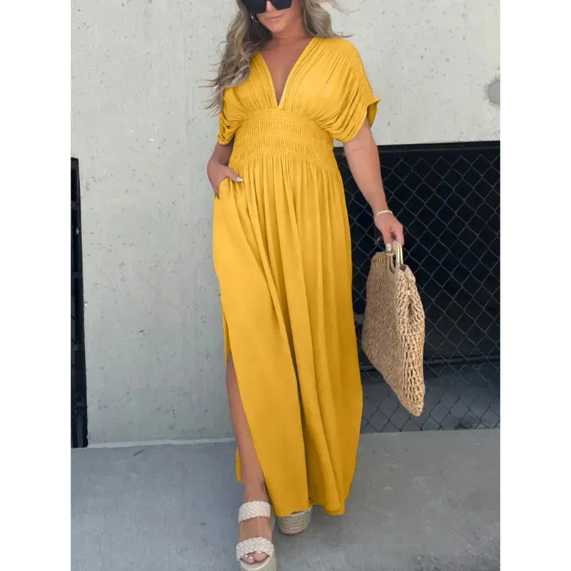 Summer Solid Color Bat Sleeve Elastic Dresses