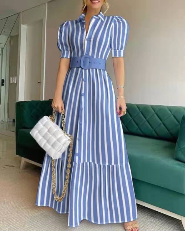 Women's Striped Long Belt Shirt Dress Blouses