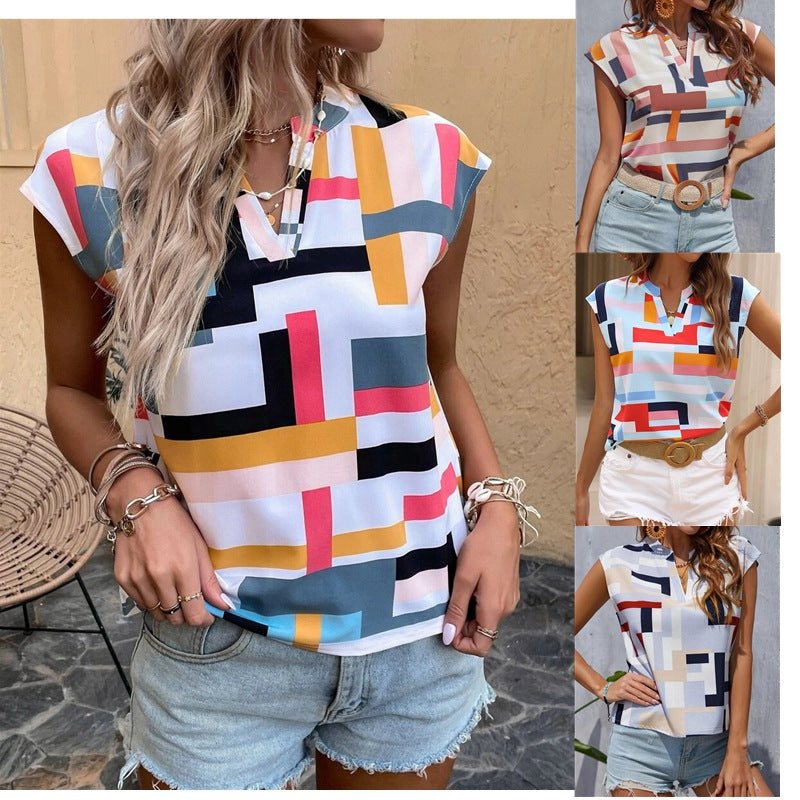 Women's Summer Print Cropped Neckline Batwing Sleeve V-neck Tops