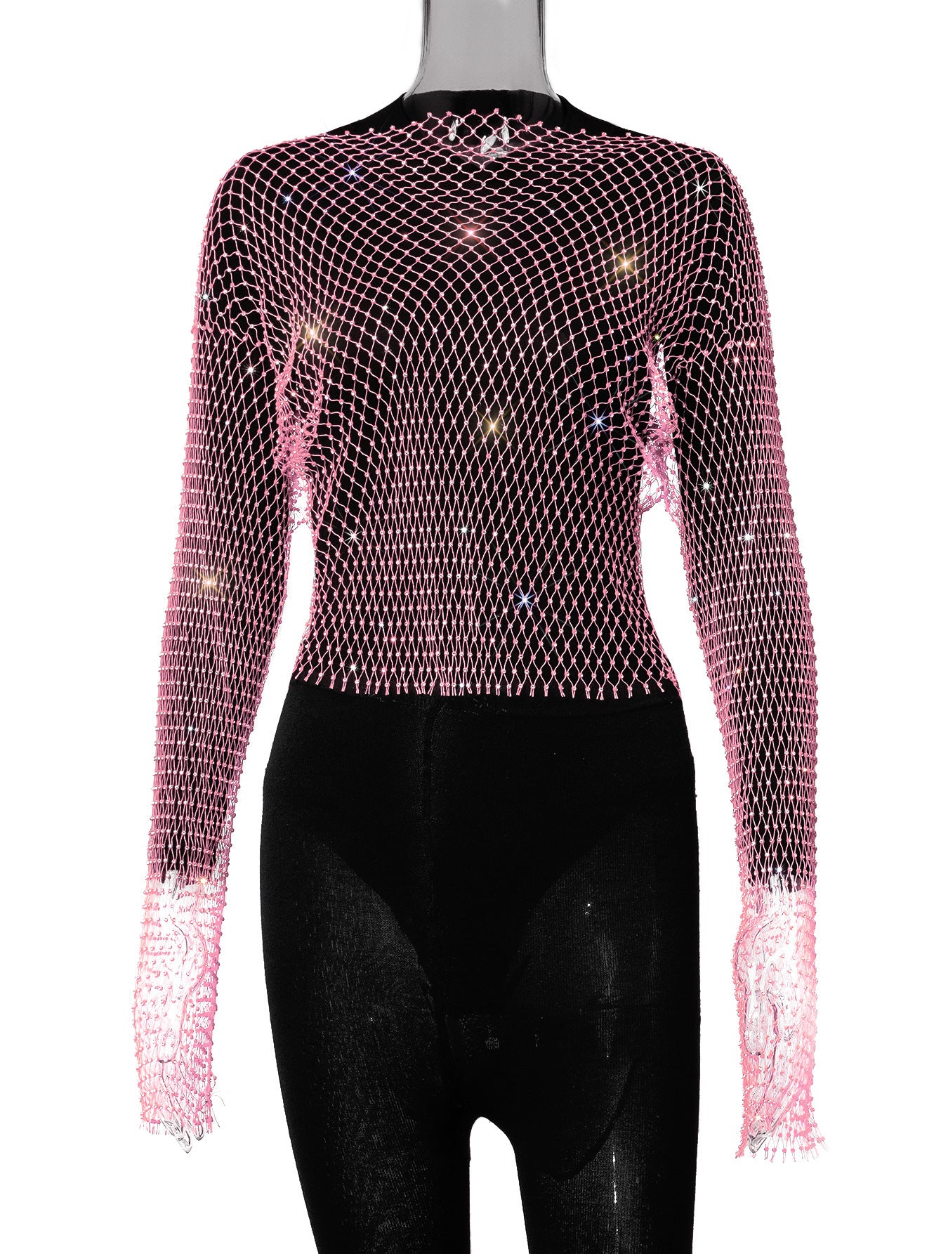 Women's Fishnet Rhinestone Mesh Round Neck Long Blouses