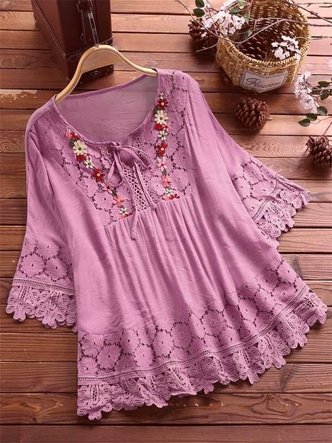 Women's Summer Cotton Linen Stitching Lace Elegant Blouses