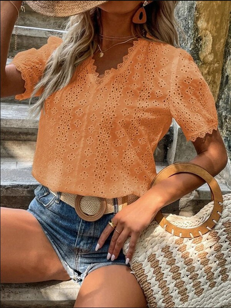 Summer Solid Color Sleeve Hollow Shirt Blouses